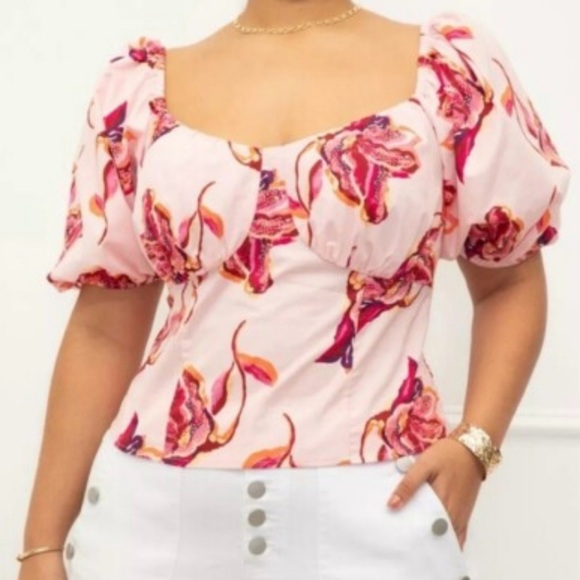 Eloquii Pink Floral Puff Sleeve Blouse - Picture 1 of 5